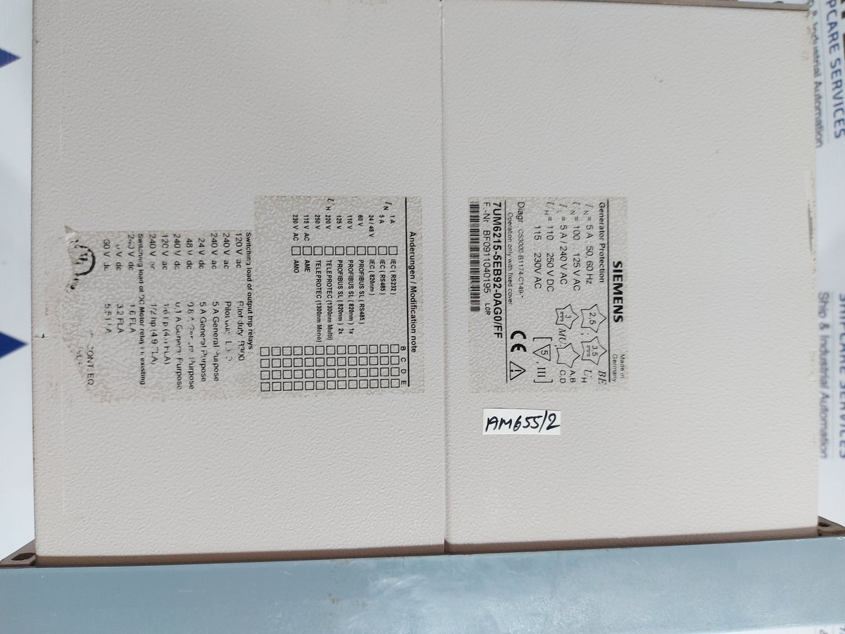 SIEMENS SIPROTEC 7UM62 GENERATOR PROTECTION 7UM6215-5EB92-0AG0/FF