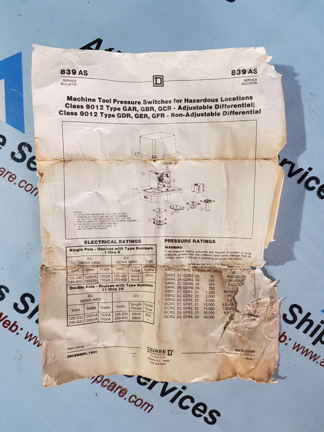 SQUARE D CLASS 9012 TYPE GAR-24 PRESSURE SWITCH