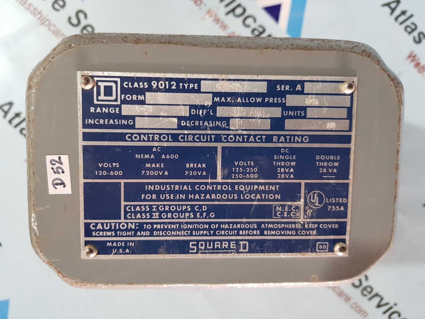 SQUARE D CLASS 9012 TYPE GAR-24 PRESSURE SWITCH