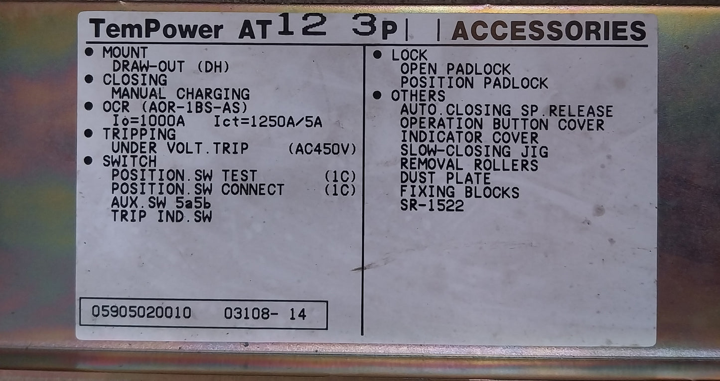 TERASAKI AT12 TEMPOWER 3 POLE AIR CIRCUIT BREAKER 1250A