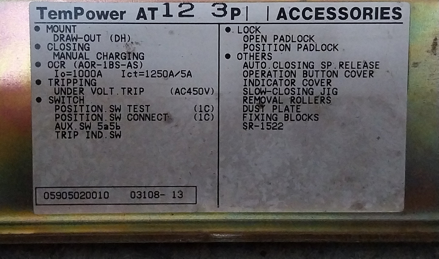TERASAKI AT12 TEMPOWER 3 POLE AIR CIRCUIT BREAKER 1250A