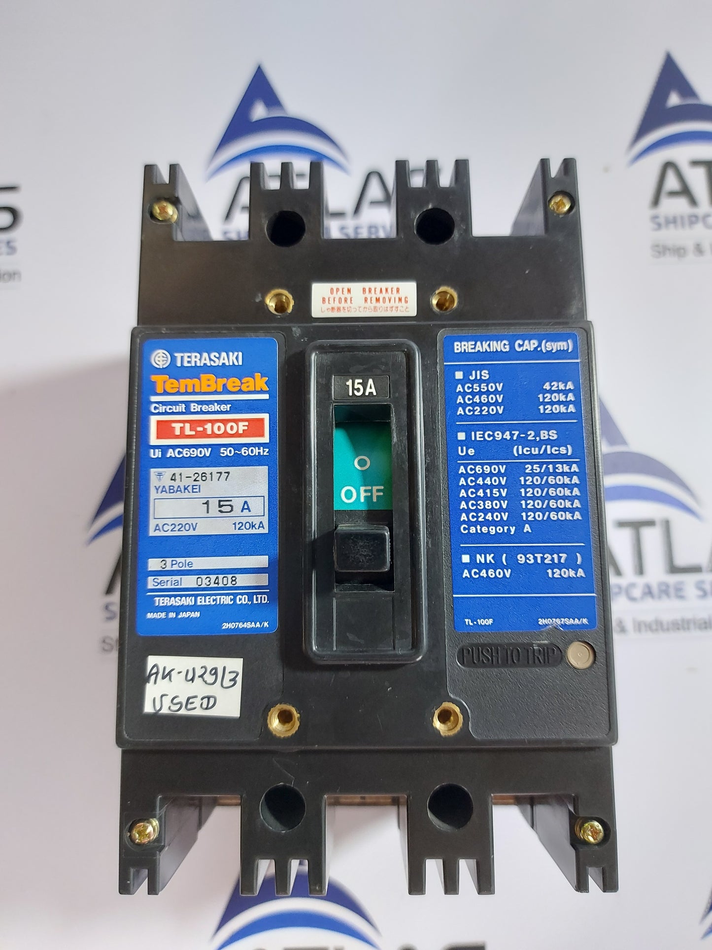 TERASAKI TL-100F TEMBREAK CIRCUIT BREAKER 3 POLE 15A