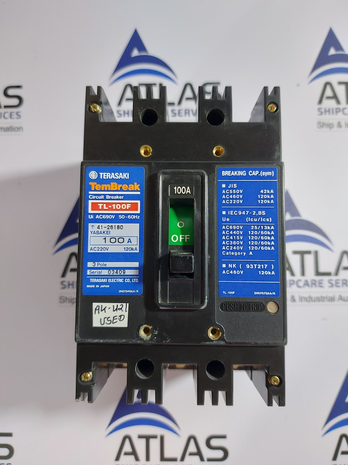 TERASAKI TL-100F TEMBREAK MOLDED CASE CIRCUIT BREAKER 3 POLE 100A