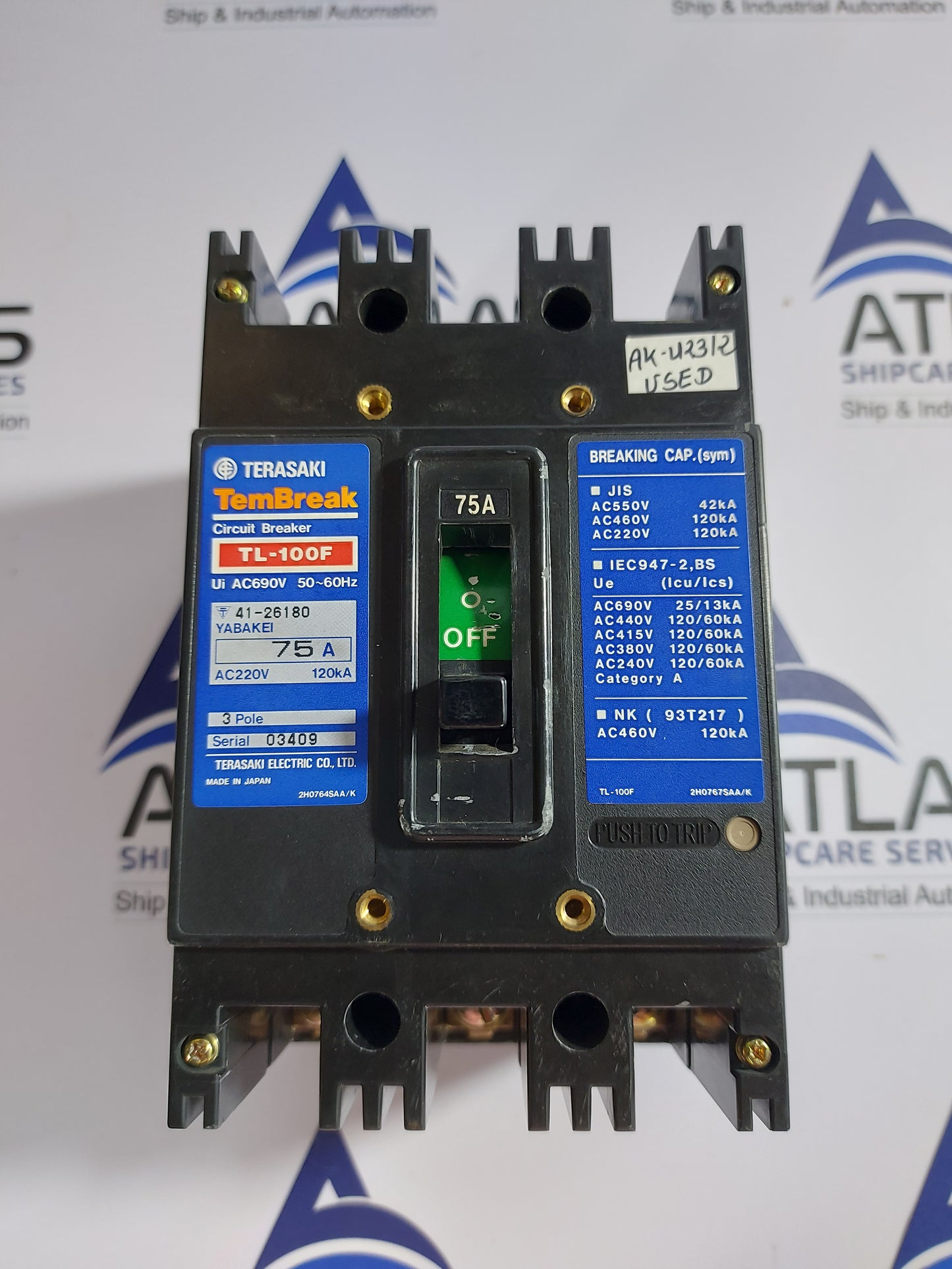 TERASAKI TL-100F TEMBREAK MOLDED CASE CIRCUIT BREAKER 3 POLE 75A