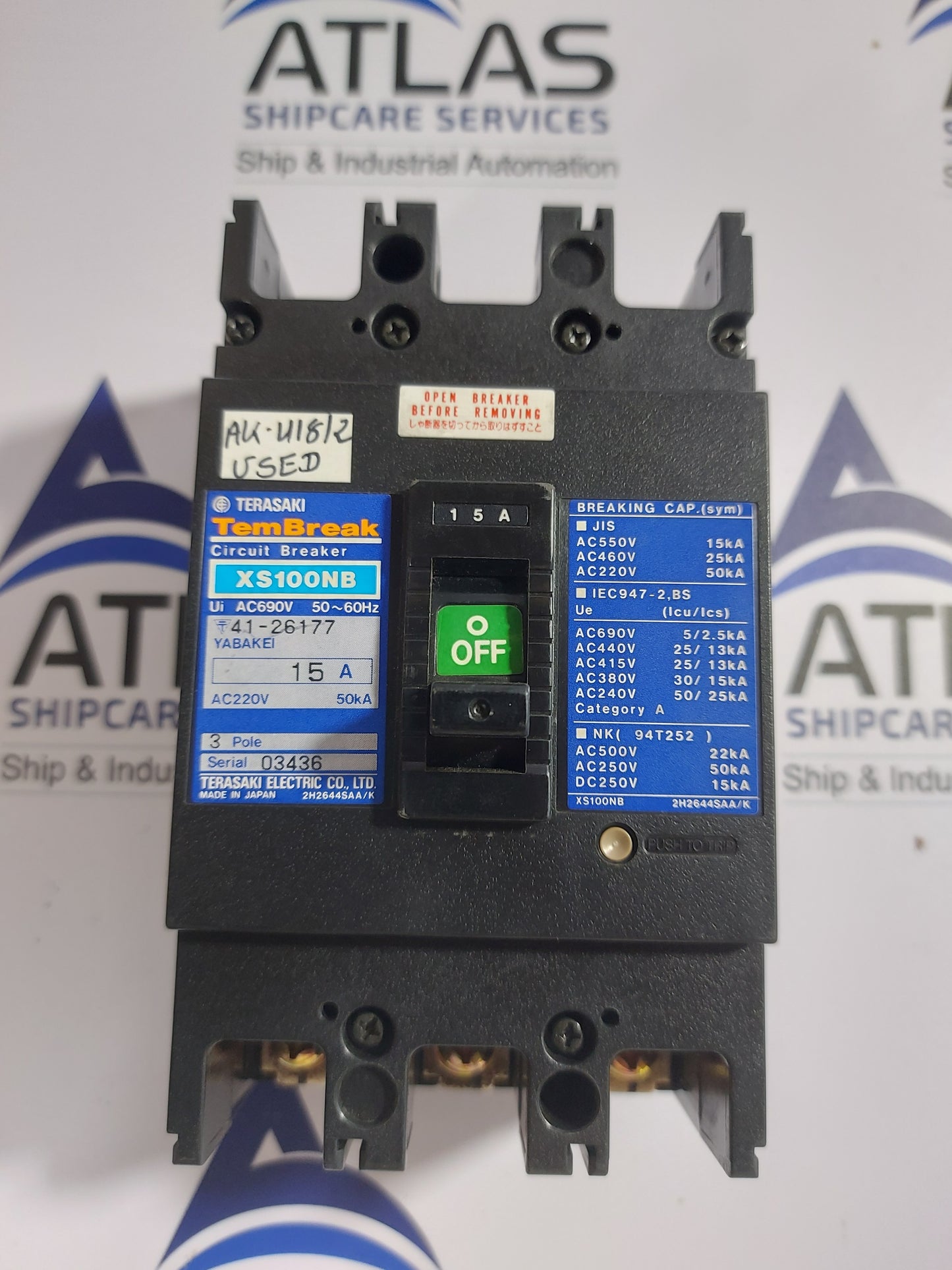 TERASAKI XS100NB TEMBREAK CIRCUIT BREAKER 3 POLE 15A
