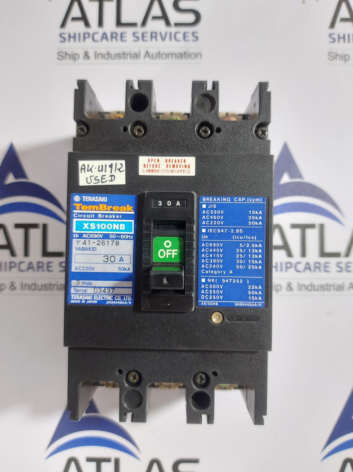 TERASAKI XS100NB TEMBREAK CIRCUIT BREAKER 3 POLE 30A