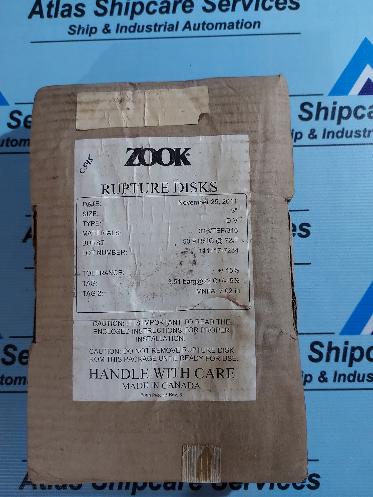 ZOOK RUPTURE DISK 3" D-V 316/TEF/316