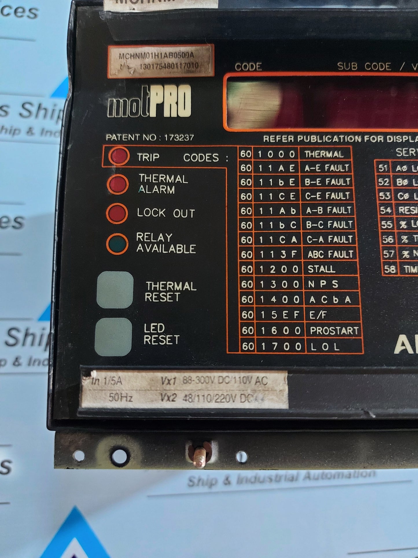 ALSTOM MOTPRO MCHNM PROTECTION RELAY MCHNM01H1AB0500A