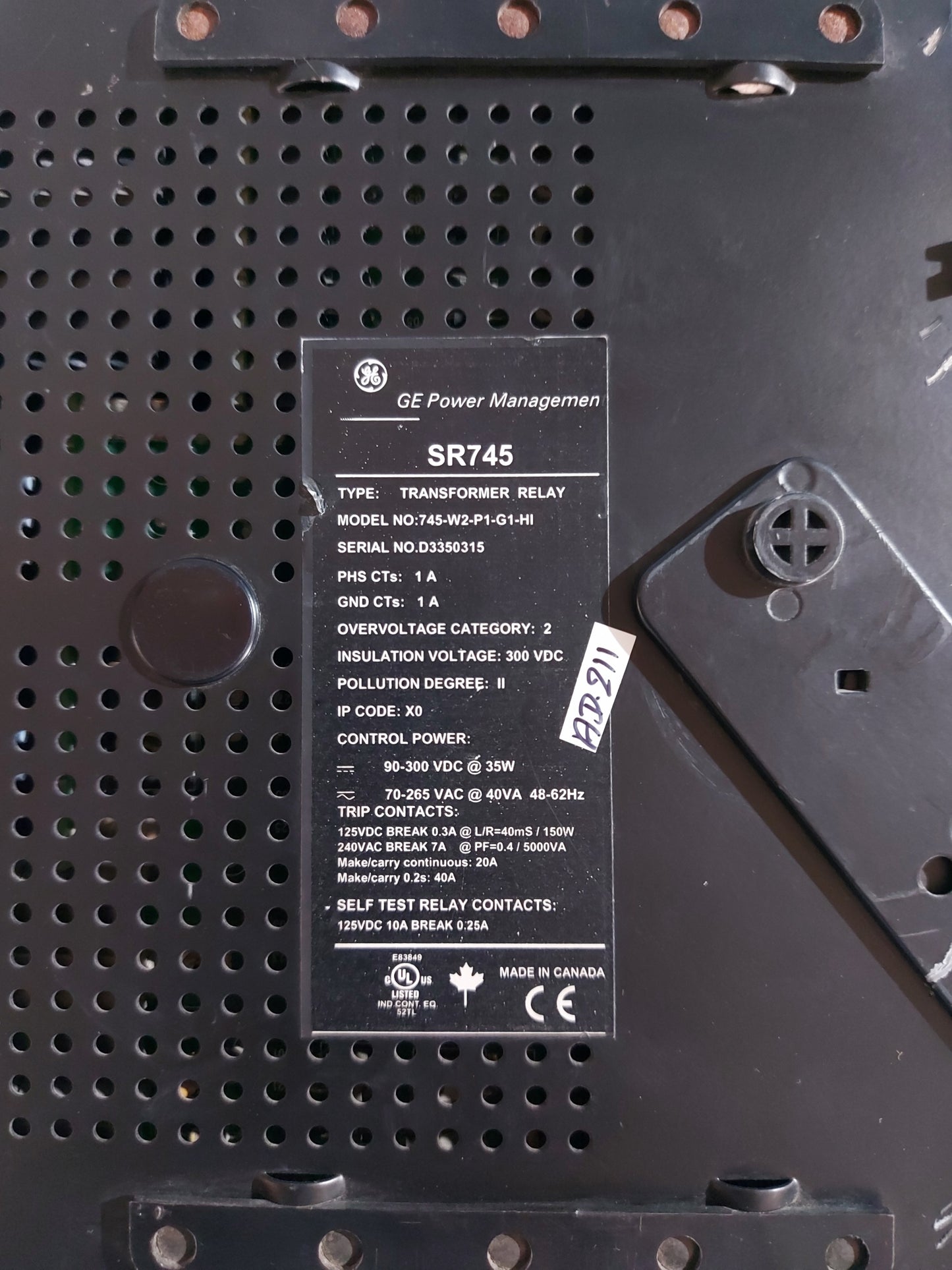 GE MULTILIN 745 TRANSFORMER MANAGEMENT RELAY 745-W2-P1-G1-HI