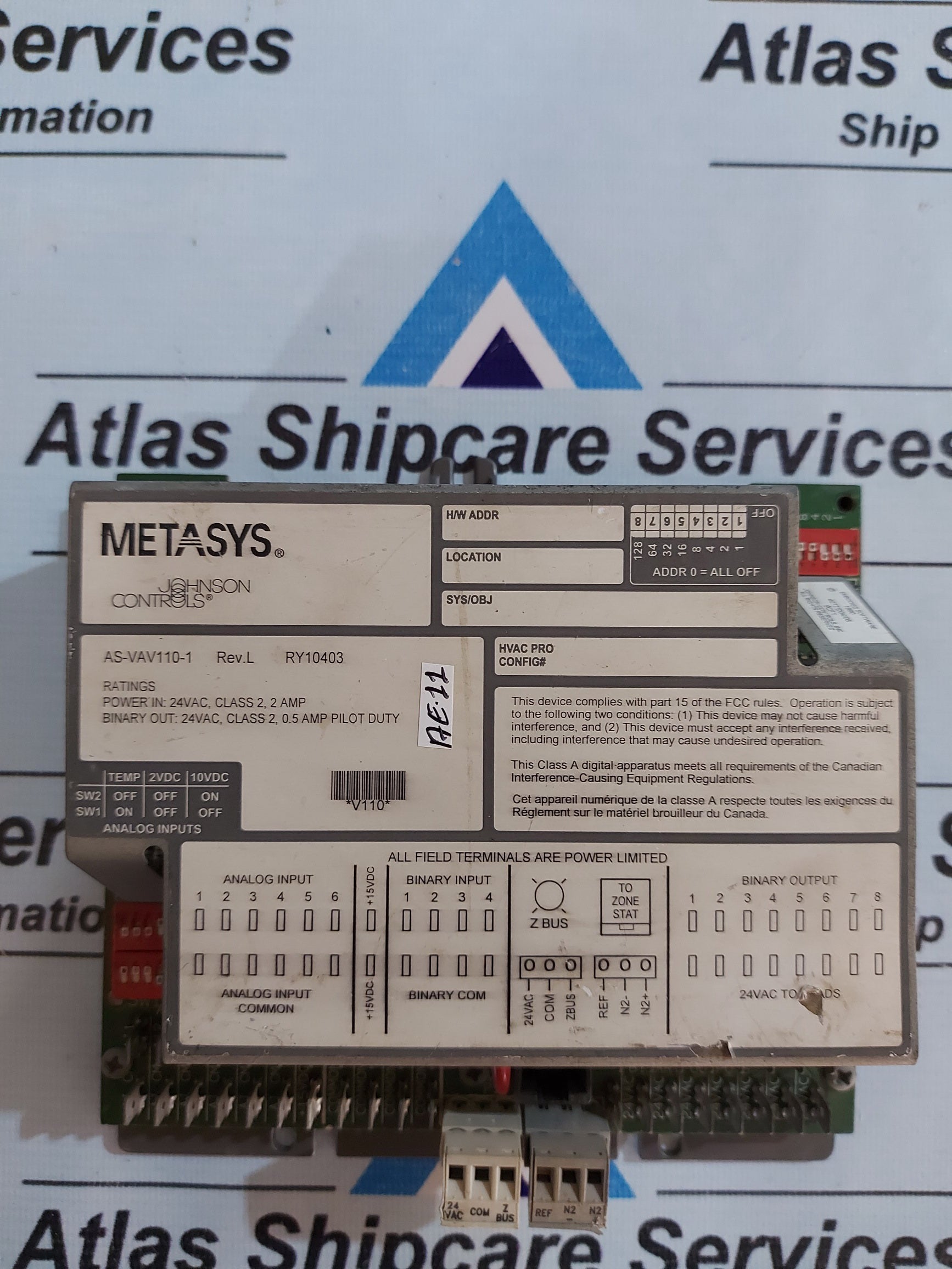Metasys Vav JOHNSON CONTROLS METASYS AS-VAV110-1 VARIABLE AIR VOLUME CONTROLLER ...