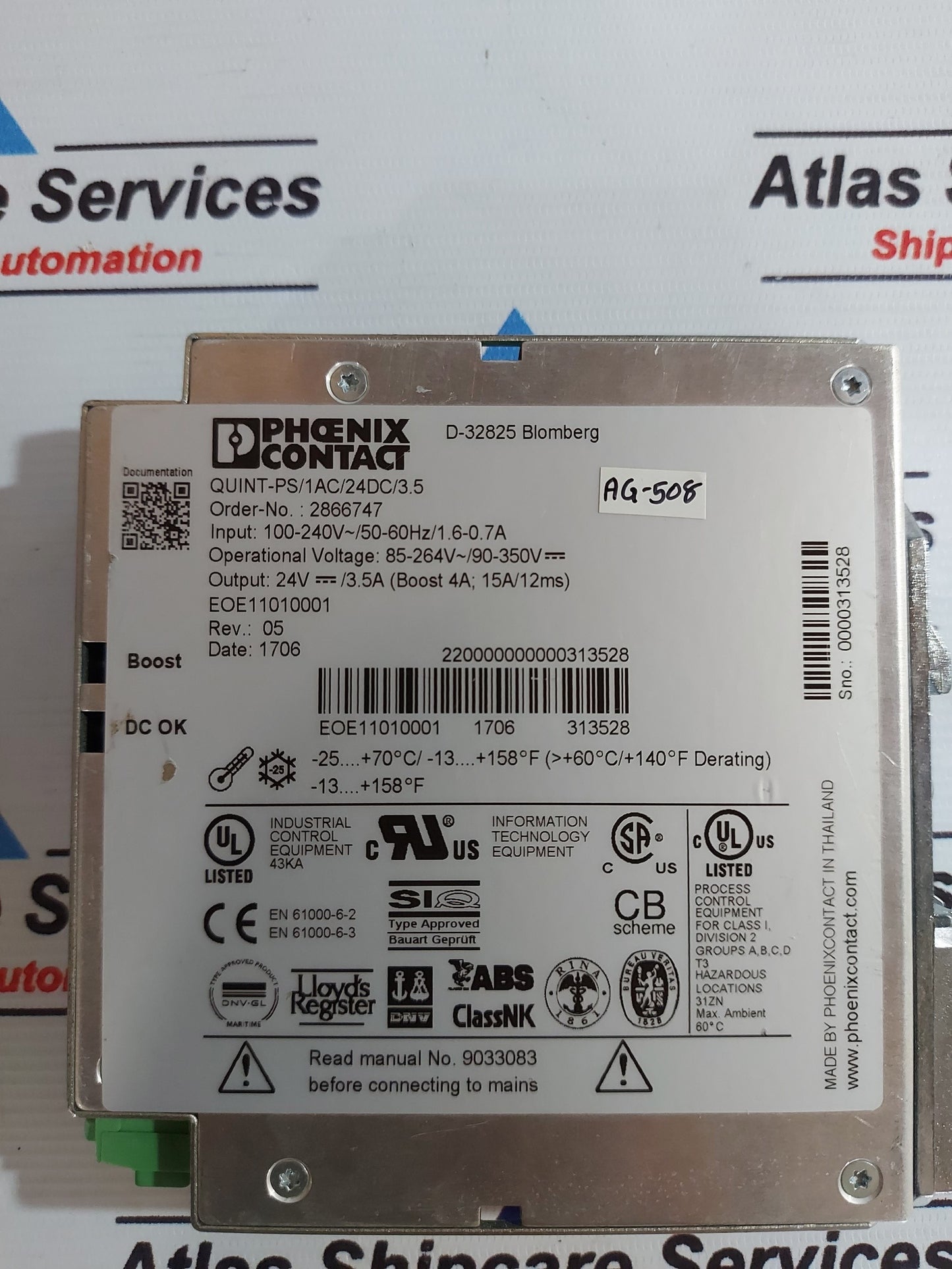 PHOENIX CONTACT QUINT-PS/1AC/24DC/3.5 2866747 POWER SUPPLY UNIT AG508