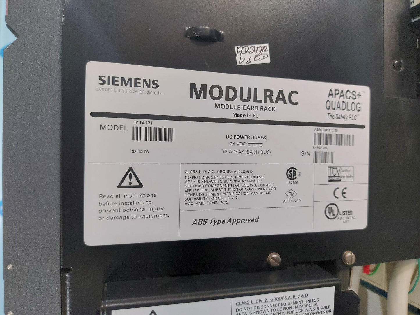 SIEMENS 16114-171 APACS+ QUADLOG MODULRAC MODULE CARD RACK