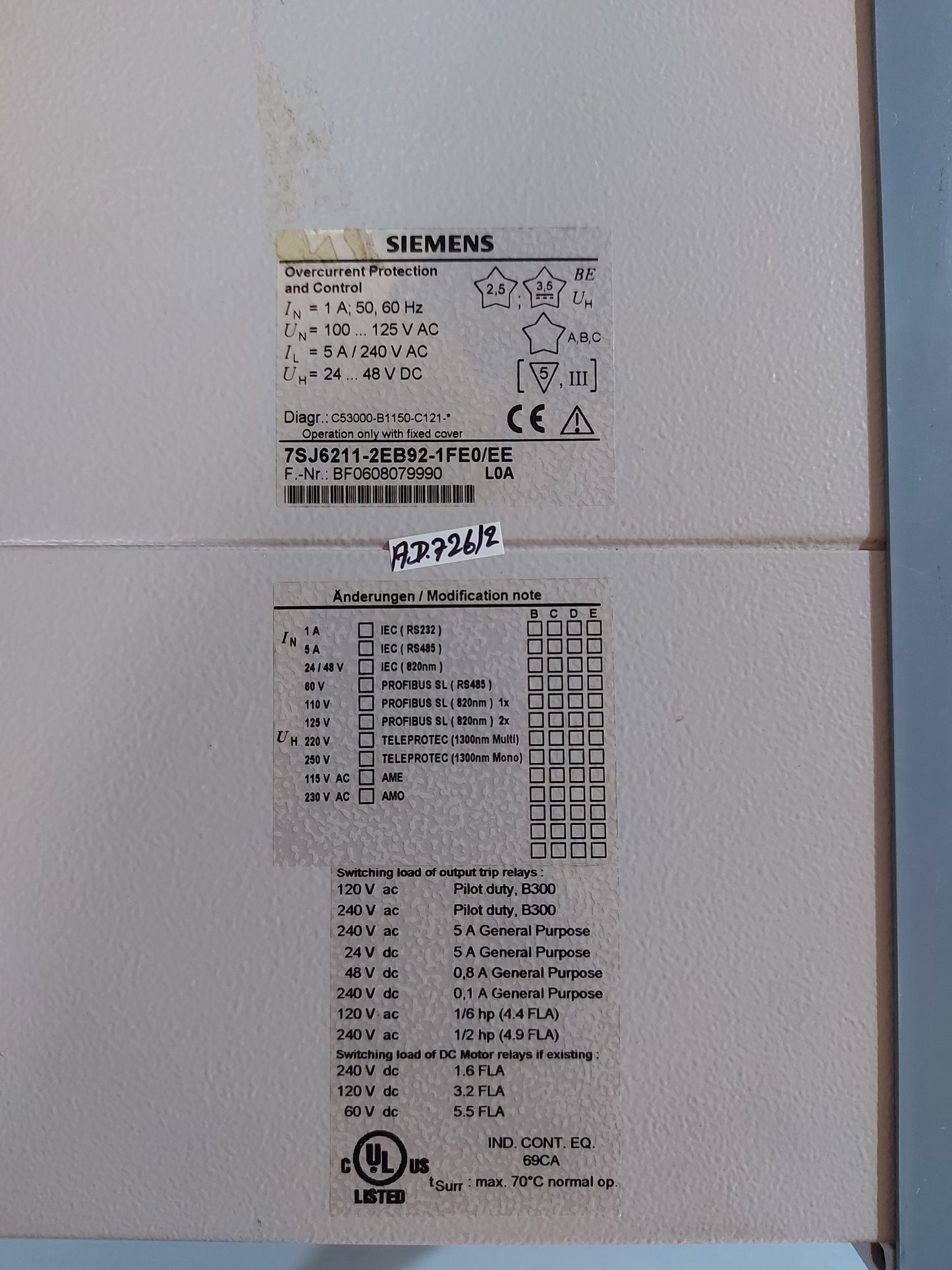 SIEMENS SIPROTEC 7SJ6211-2EB92-1FE0/EE OVERCURRENT PROTECTION AND CONTROL