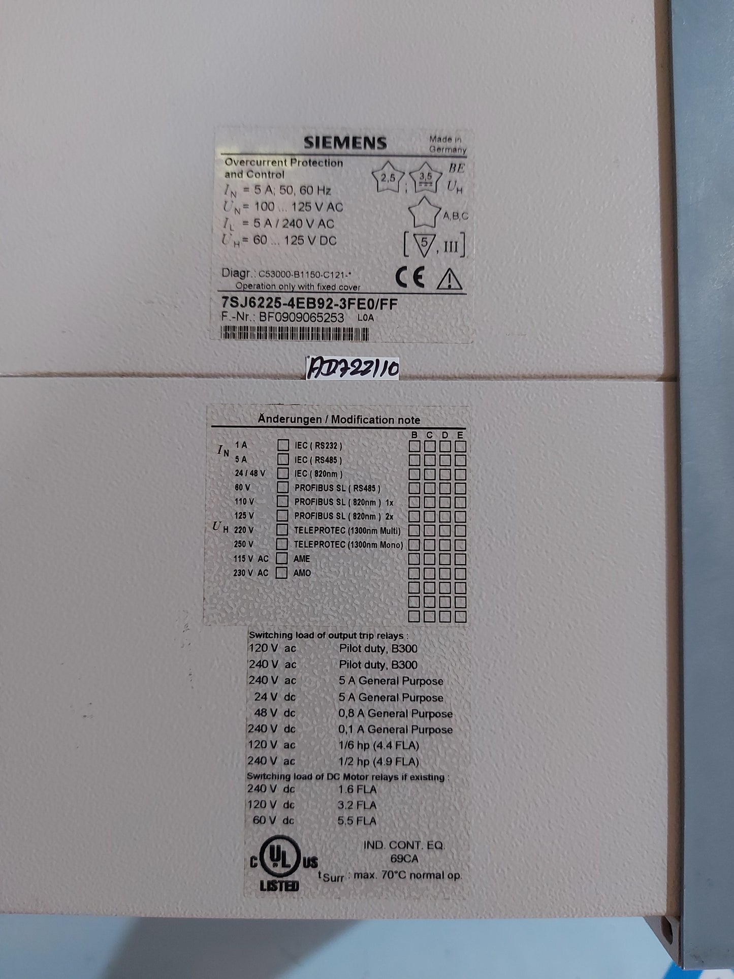 SIEMENS SIPROTEC 7SJ6225-4EB92-3FE0/FF OVERCURRENT PROTECTION AND CONTROL