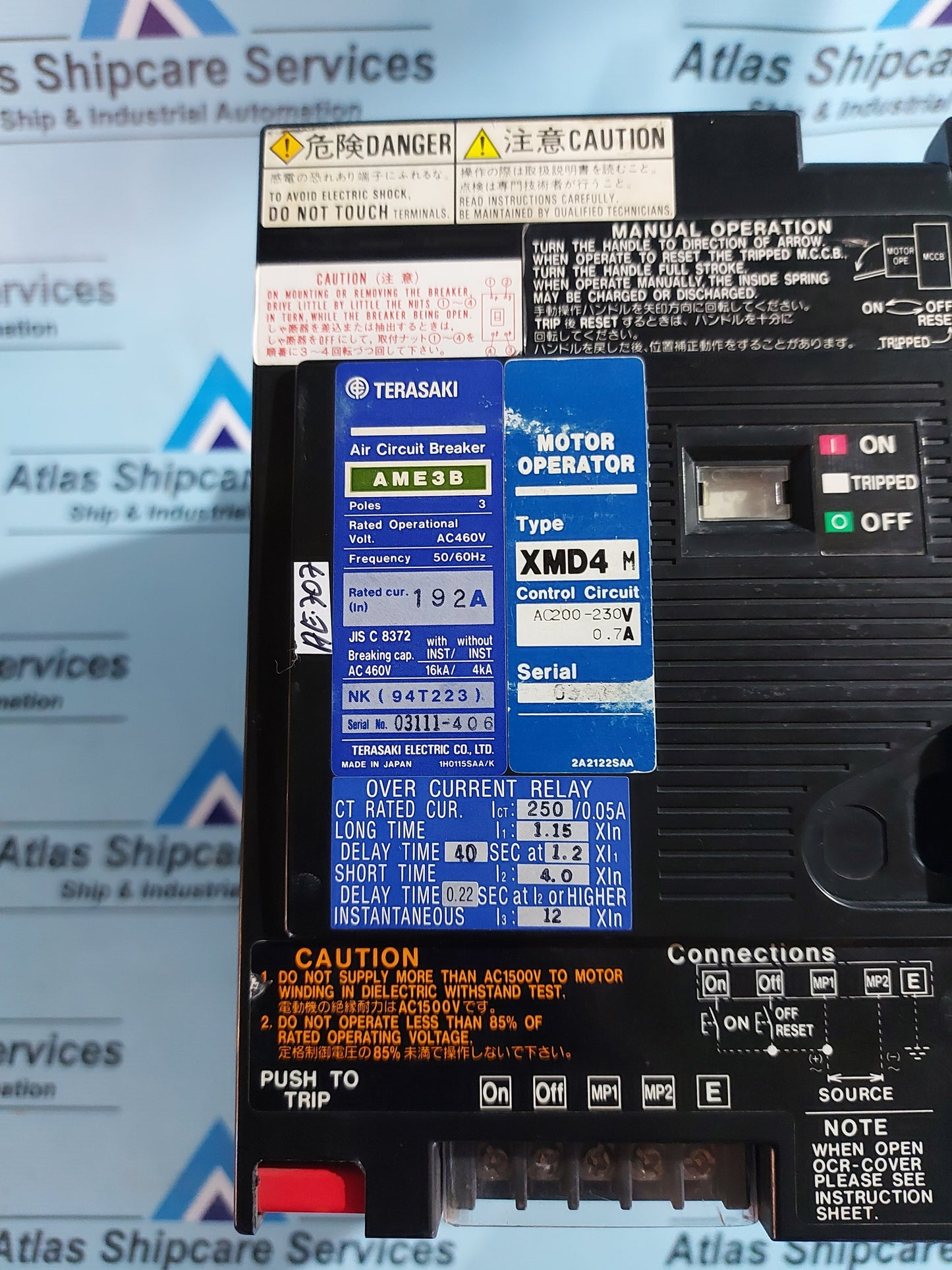 TERASAKI AIR CIRCUIT BREAKERS AME3B IN 192A MOTOR OPERATOR TYPE XMD4M AC200-230V